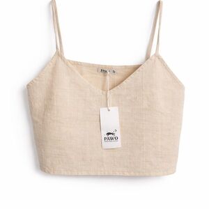 PAWO Cotton Cropped Spaghetti Strap Tank Beige Woven Pullover One Size